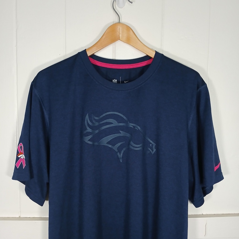 Nike Denver Broncos T-Shirt Mens XL Navy Blue Dri-FIT BCA Pink Ribbon Cancer
